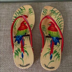 Woodies Thong Painted Parrot Sandals Sz 8